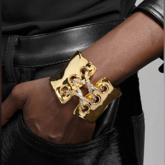 ALEXIS BITTAR• Solanales Gold Silver Crystal Lace Up Corset Cuff Bracelet - Picture 4 of 8